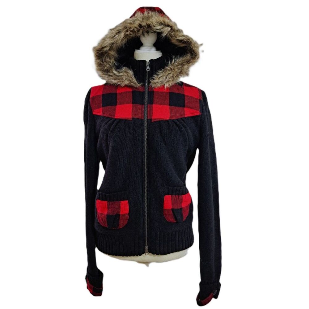 Takeout Y2K Women's Teen Black Red Hoodie Full Zip Knit Cardigan Faux Fur XL